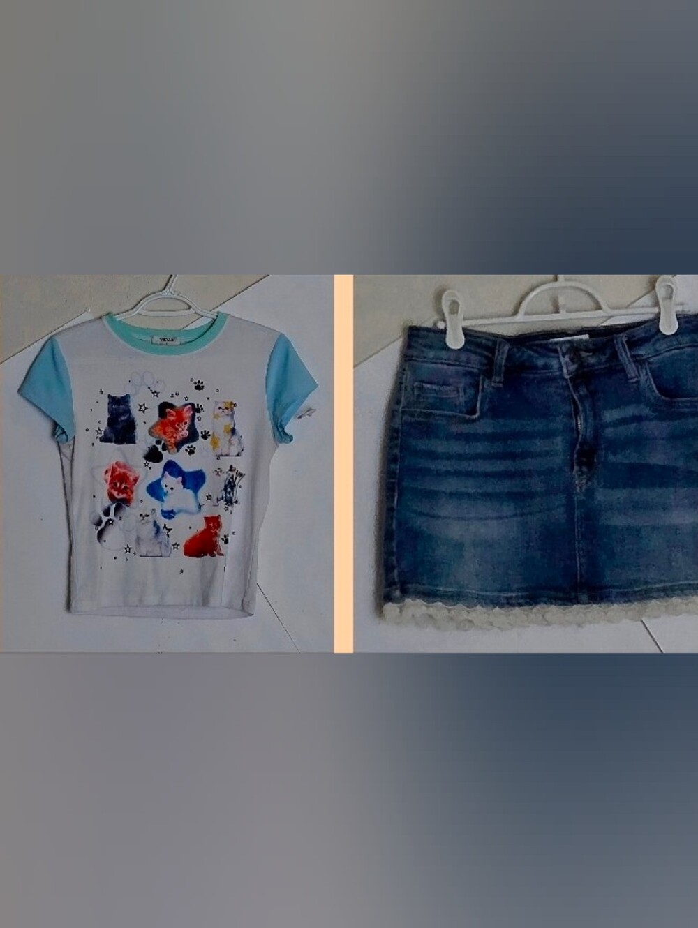 Juniors' Cat Print Tee with Light Blue Trim & Denim Mini Skirt